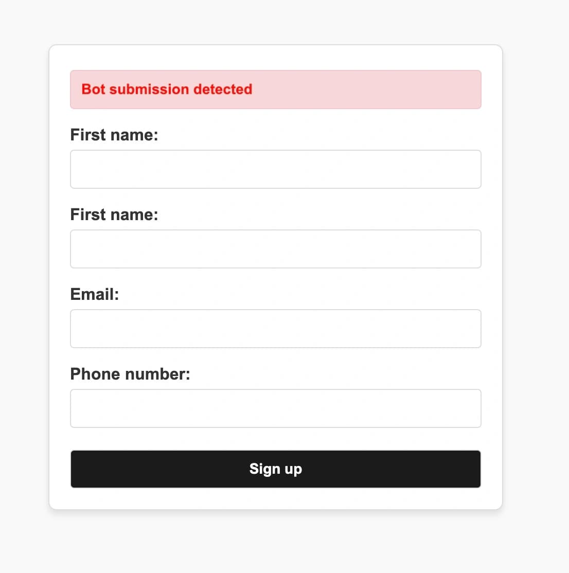 Honeypot field blocks bots form submitting the sign up form